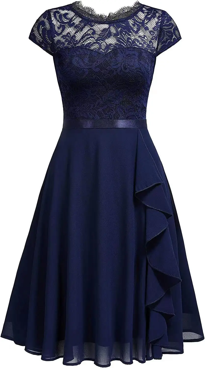 Elegant Short-sleeved Lace Ruffles Chiffon Short Dress