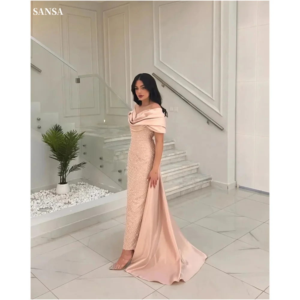 Sansa Elegant Pink Off Shoulder Prom Dresses Satin Glitter Bead String Vestidos de fiesta Mermaid Ankle-Length 2024 فساتين سهرة