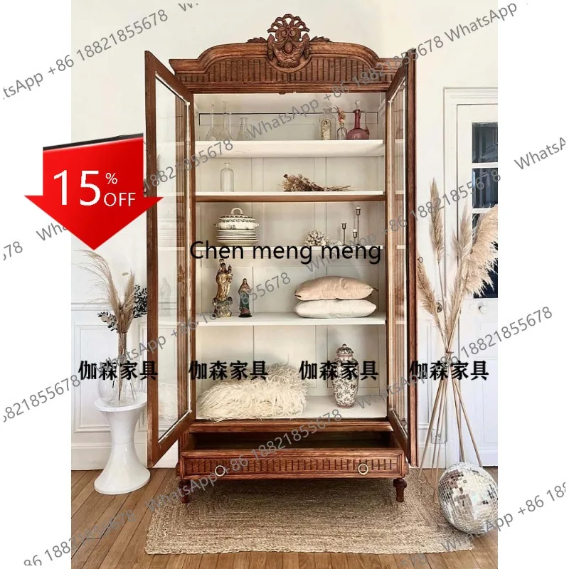 

M78 Retro solid wood glass wine cabinet American double door display cabinet carved storage display cabinet