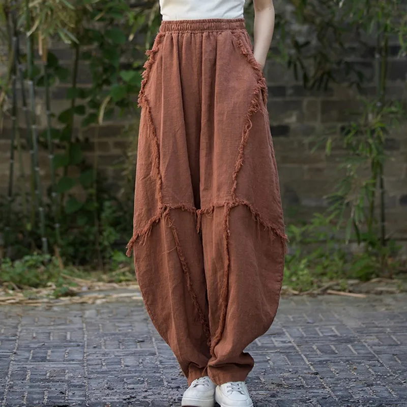 High Quality Cotton Linen Harem Pants Women New Arrival 2024 Autumn Vintage Style Solid Color Loose Female Casual Trousers M061