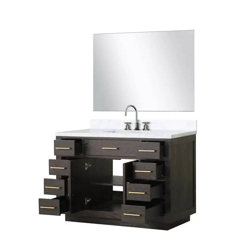 حمام فردي من خشب البلوط البني مقاس 48 بوصة مع سطح كارارا من الرخام ومجموعة صنبور ومرآة مقاس 46 بوصة