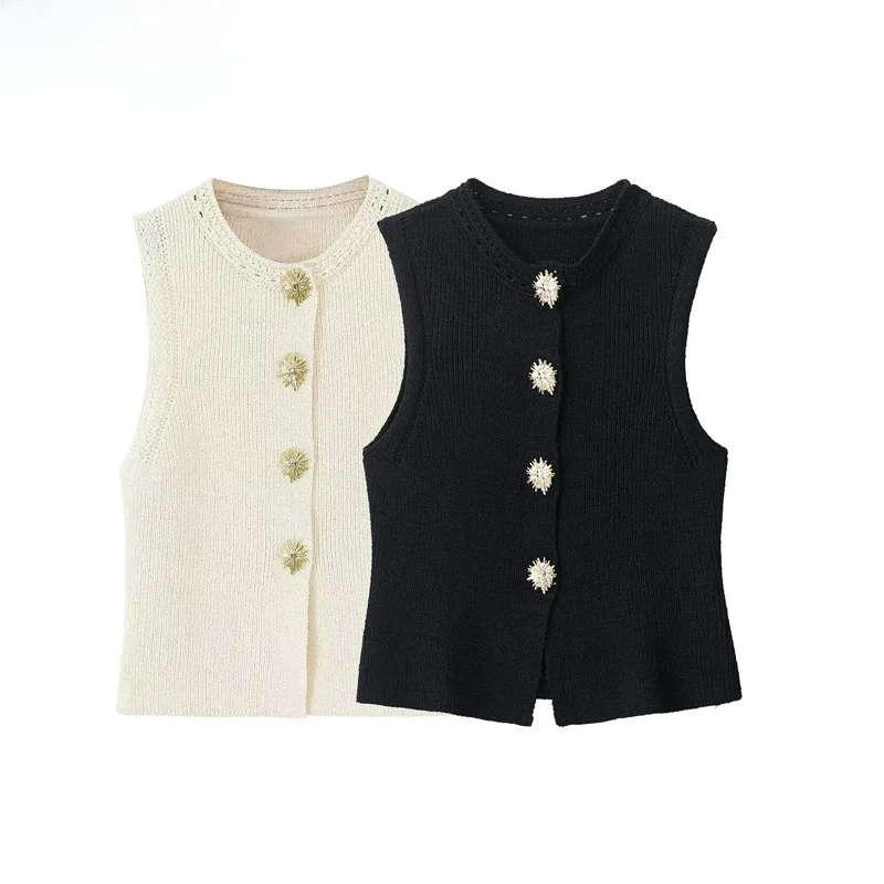 

Новая женская трикотажная кофта на весну-осень с круглым вырезом, золотыми пуговицами и прямым кроем из полиэфирного волокна