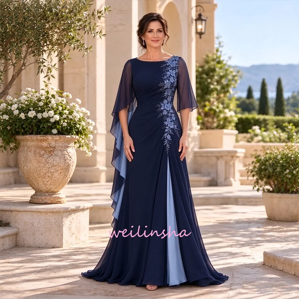 Customized Navy Blue Mother of the Bride Dresses Chiffon Cape Sleeve Lace Floral Appliques Long Formal Evening Gown for Women