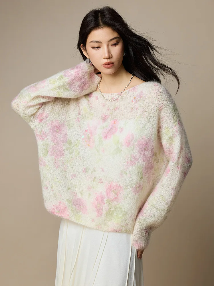 Suéter feminino de lã mohair outono inverno coreano 30% mohair 27% lã floral miçangas pulôveres, tops