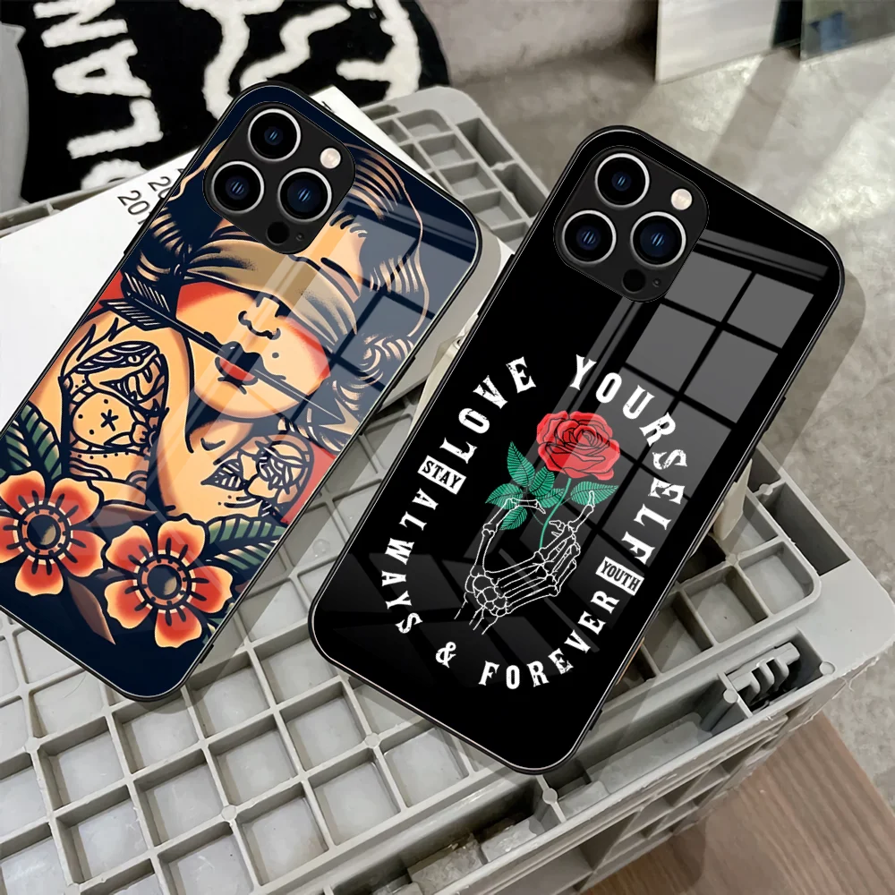 Cool Old School Tattoo Phone Case 2023 For IPhone 15 14 Pro 13 11 12 XR XS MAX 7/8 X Plus 13 Black Glass Covers