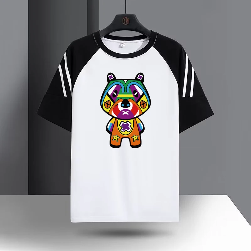 Summer Men's T-shirt Trendy Cartoon Printed Tees Fashionable Men's Clothing High Quality Color Blocking Round Neck Top 2024