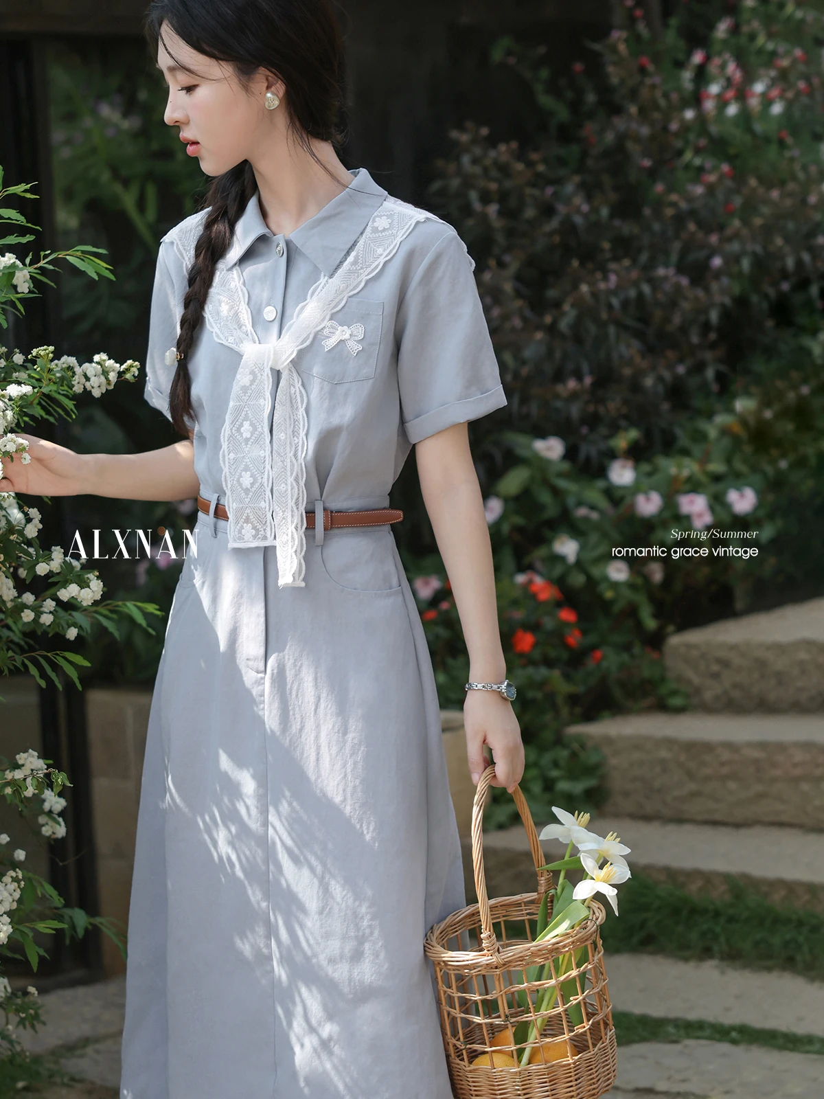 Alxnan plus size vestido azul longo elegante lyocell camisa vestido feminino 2025 renda xale férias roupas casuais das senhoras d10851