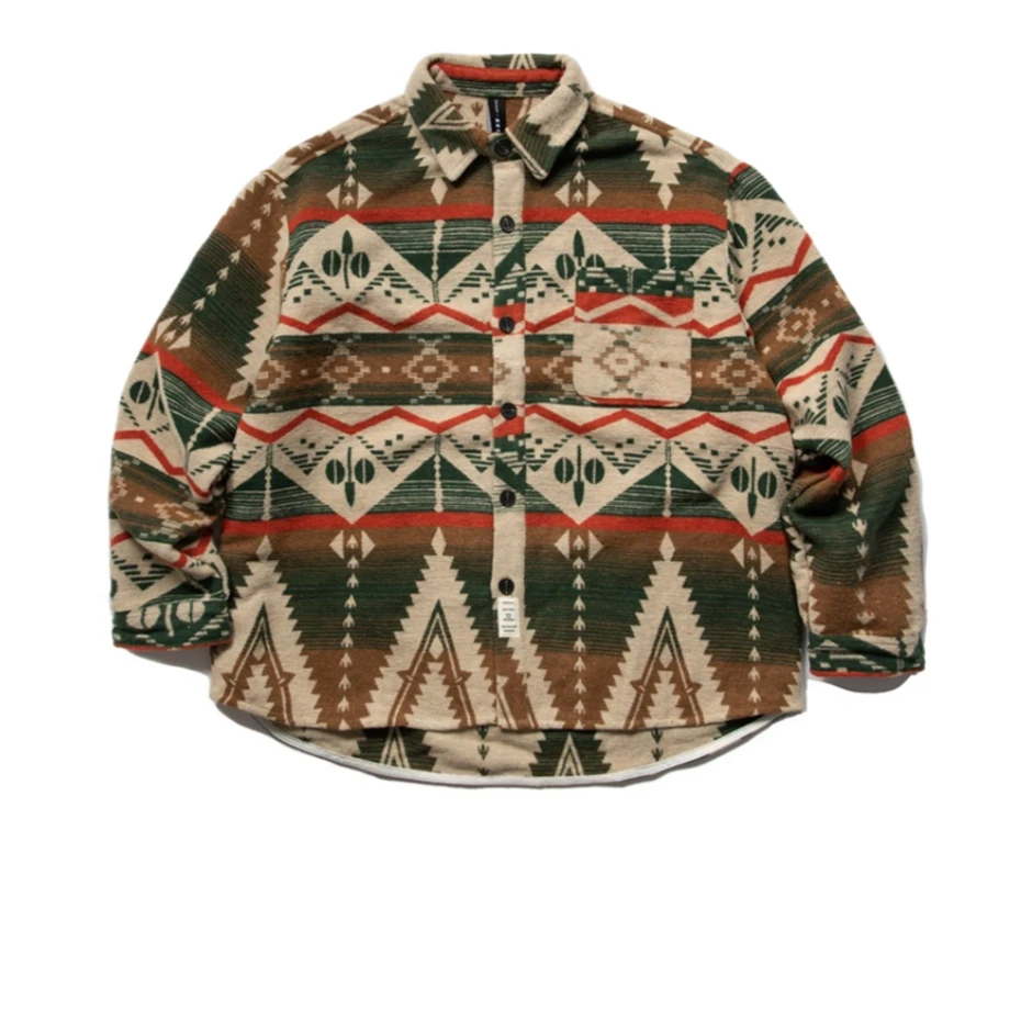 

Vintage Argyle Woolen Shirts Men Streetwear Harajuku Long Sleeve Shirt for Men National Style Loose Casual Blouse Coats Male