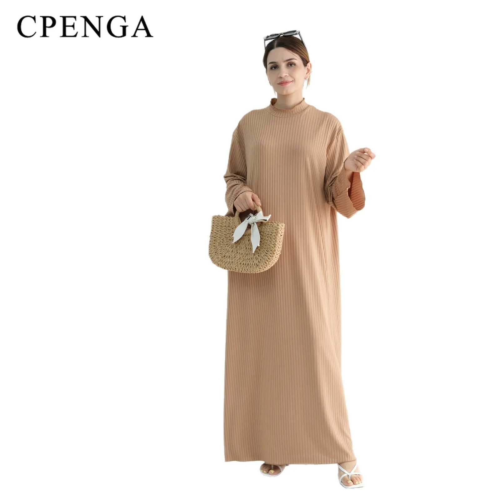 Middle Eastern Modest Abaya for Muslim Women Elegant Dubai Knitted Stand-collar Dress Ramadan Eid Islamic Turkey Holiday Outfit