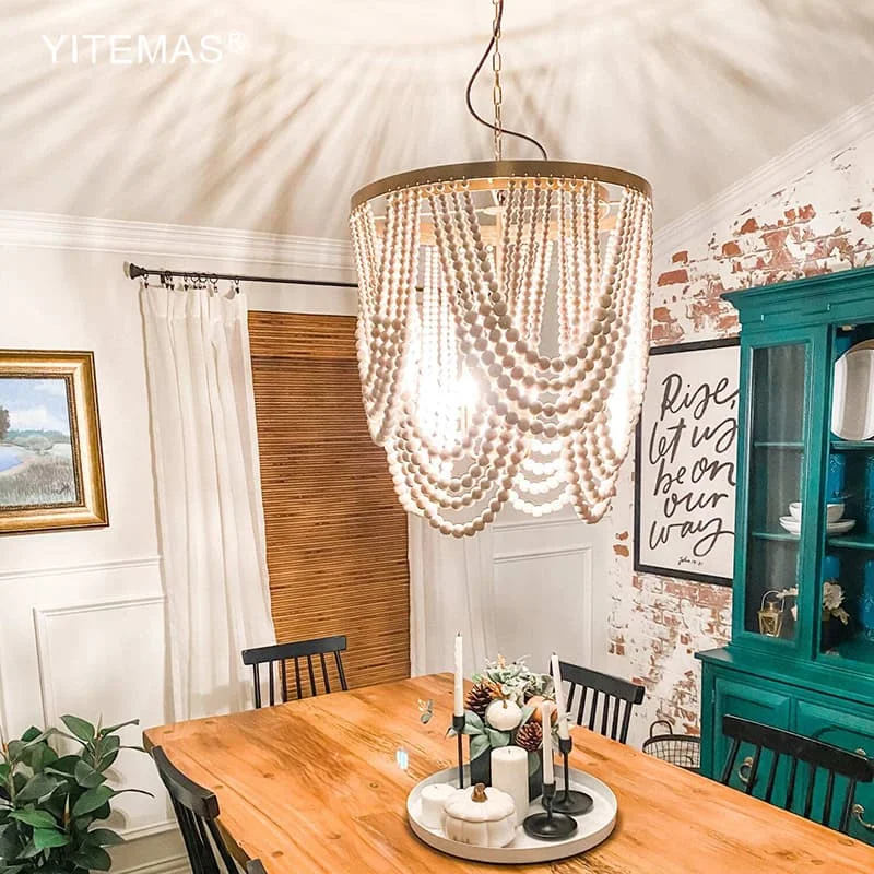 Modern Wood Beaded Chandelier 4 Lights Farmhouse White Hanging Pendant Lighting For Living Dining Room Bedroom Kitchen