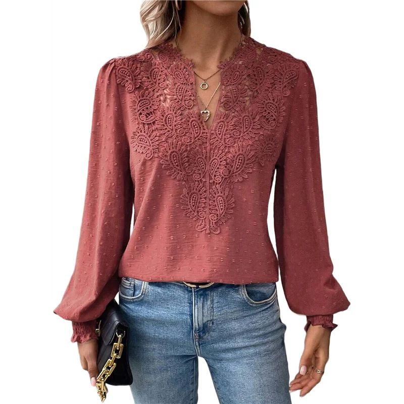 

ASDS-женские рубашки с v-образным вырезом в стиле бохо с длинными рукавами, шифоновые блузки в горошек, струящееся кружево, вязаная крючком одежда, повседневная модная одежда