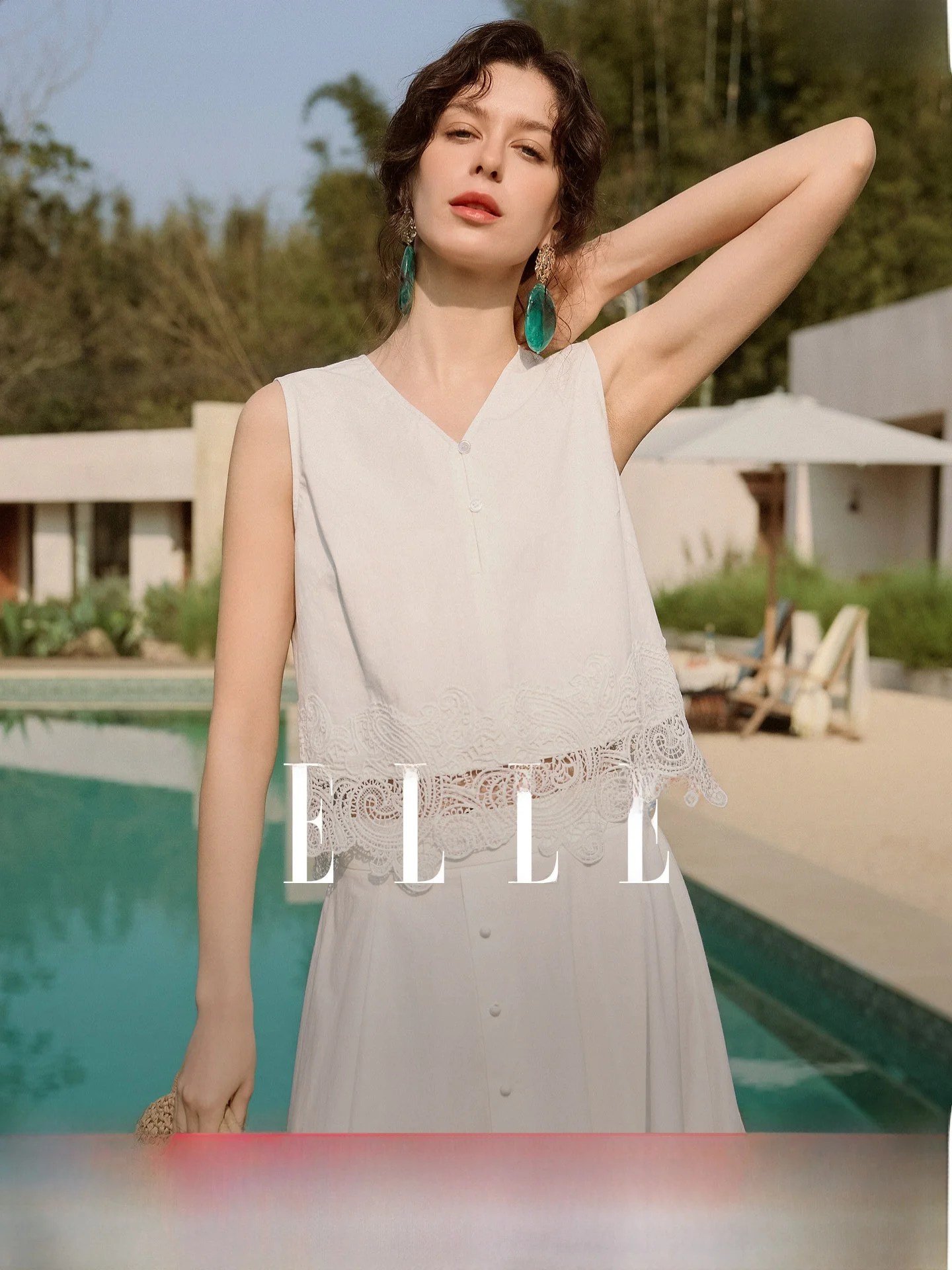 

Elle Casual Lace Splice Sleeveless Women's Shirt Summer New Style High Sensation Commute Style Cotton Short Length V-Neck