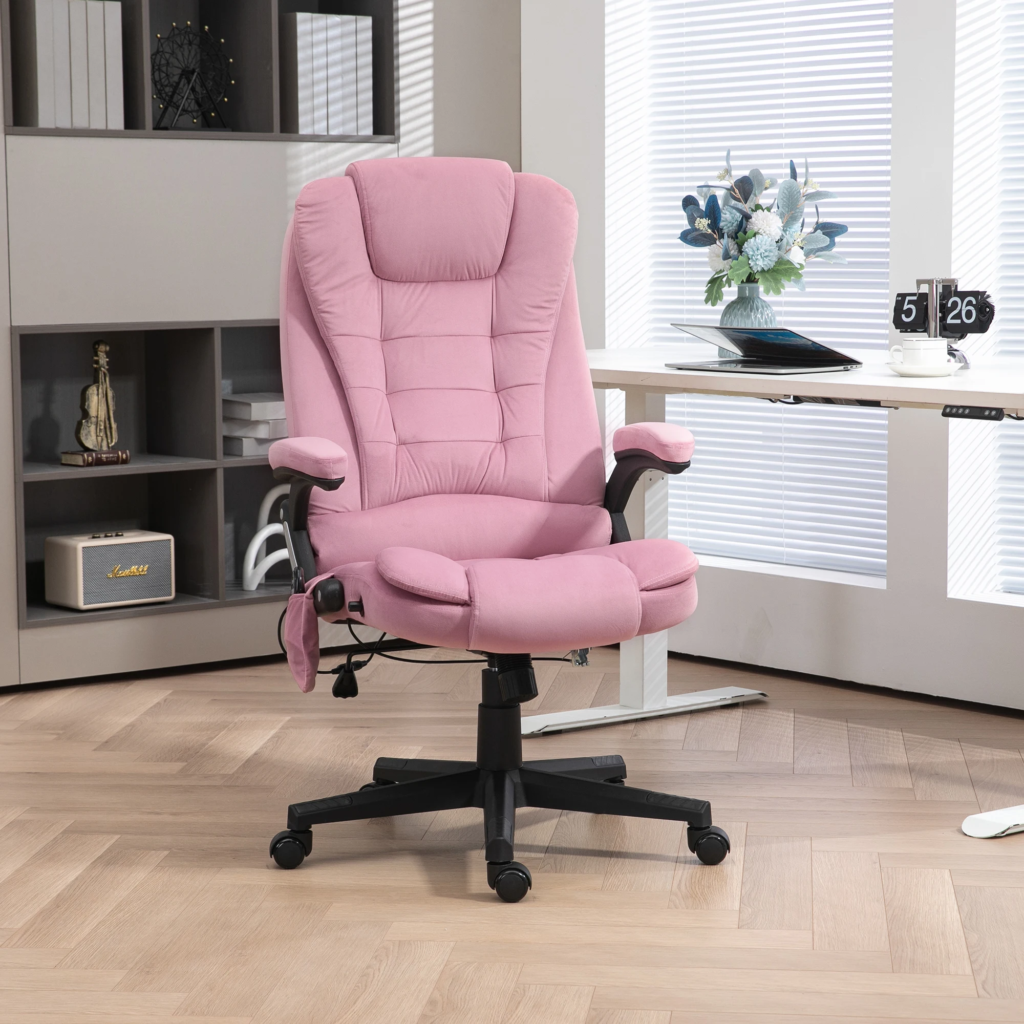 Homcom 6 Point Vibrating Massage Office Chair with Heat with Reclining Backrest, Padded Armrests and Remote, Pink