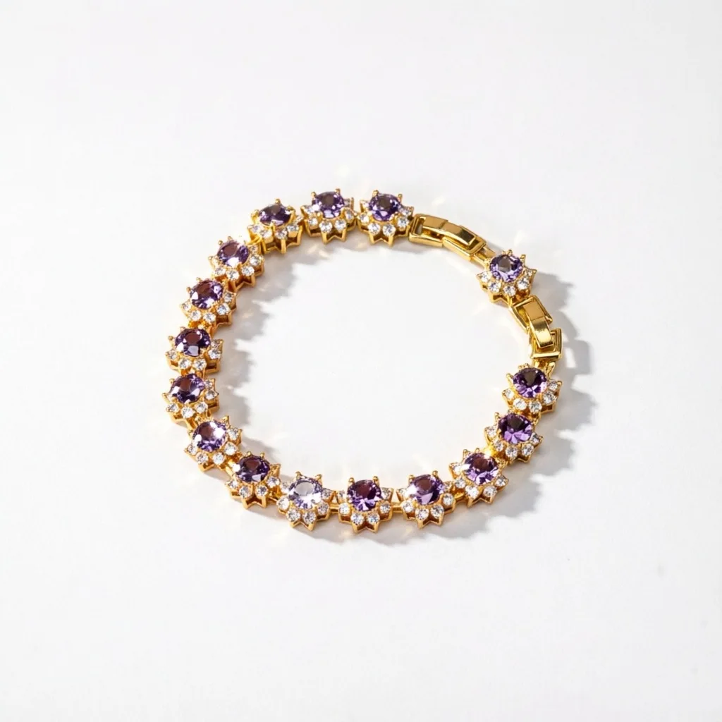 

Luxury Fashion Micro Pave Purple Zircon Flower Bracelet Gold Plated Shiny Full Drill Adjustable Chain Jewelry for Ladies