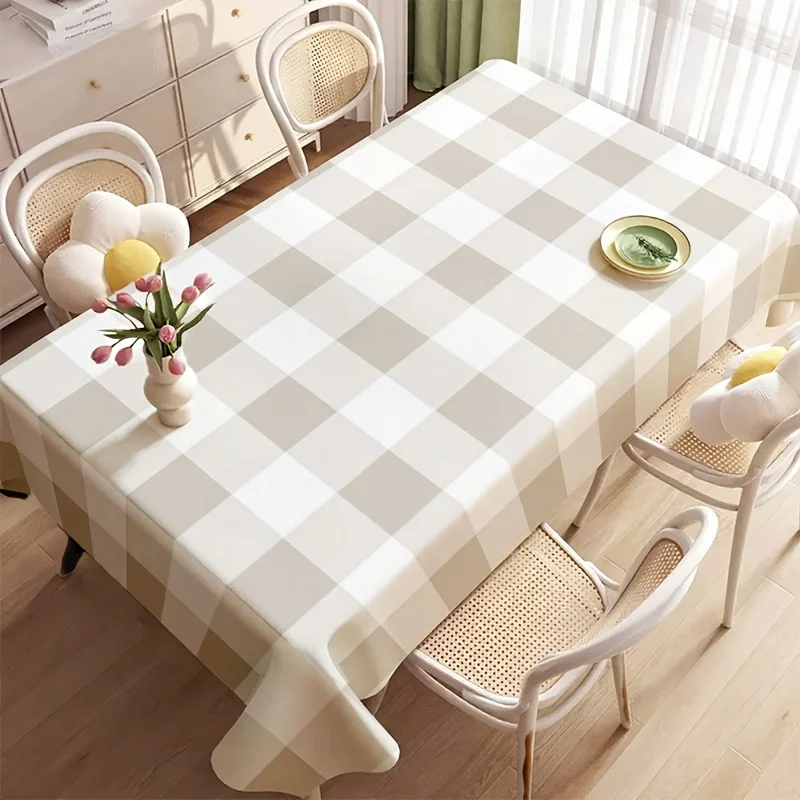 Buffalo Check Tablecloth, Soft Beige White Plaid Art Print Waterproof Table Cover, Washable for Indoor Dining Table Decor
