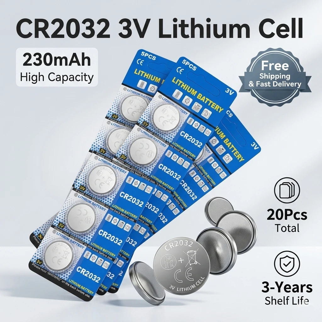 

5-100Pcs CR2032 Lithium Button Battery 3V 230mAh High Capacity Coin Cell for Key Fob Watch Scale - Pack of 5/10/25/50/100