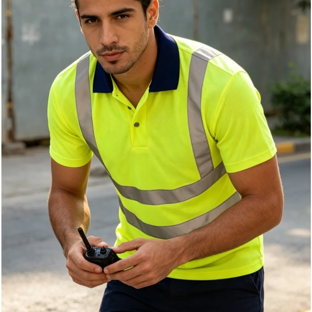 Men's High Visibility Reflective Safety Shirt with Short Sleeves for Road Construction and Highway Workers' Work Clothes