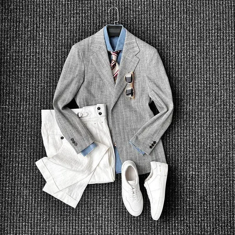 Customized herringbone cotton and linen unstructured suit
