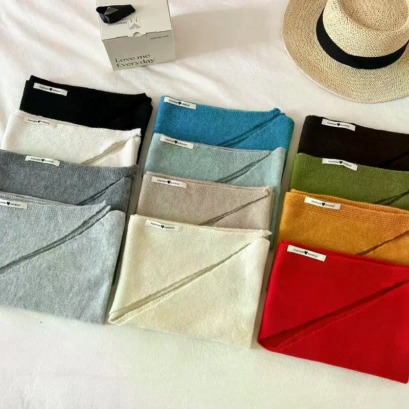 Korean Style Striped Solid Color Wool Knitted Triangular Small Scarf Shawl Headscarf Knitted Scarf Multi-functional Warm Scarf