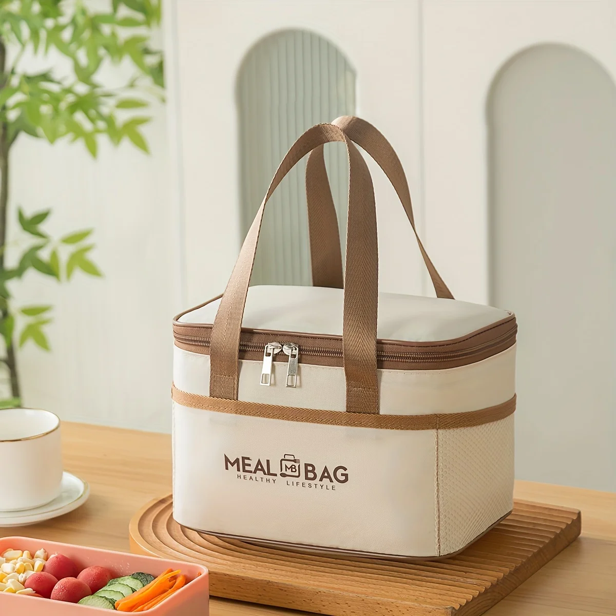 Foldable bento insulated bag, lunch storage bag, lunch bag, white Oxford square hand-held insulated bag, large capacity