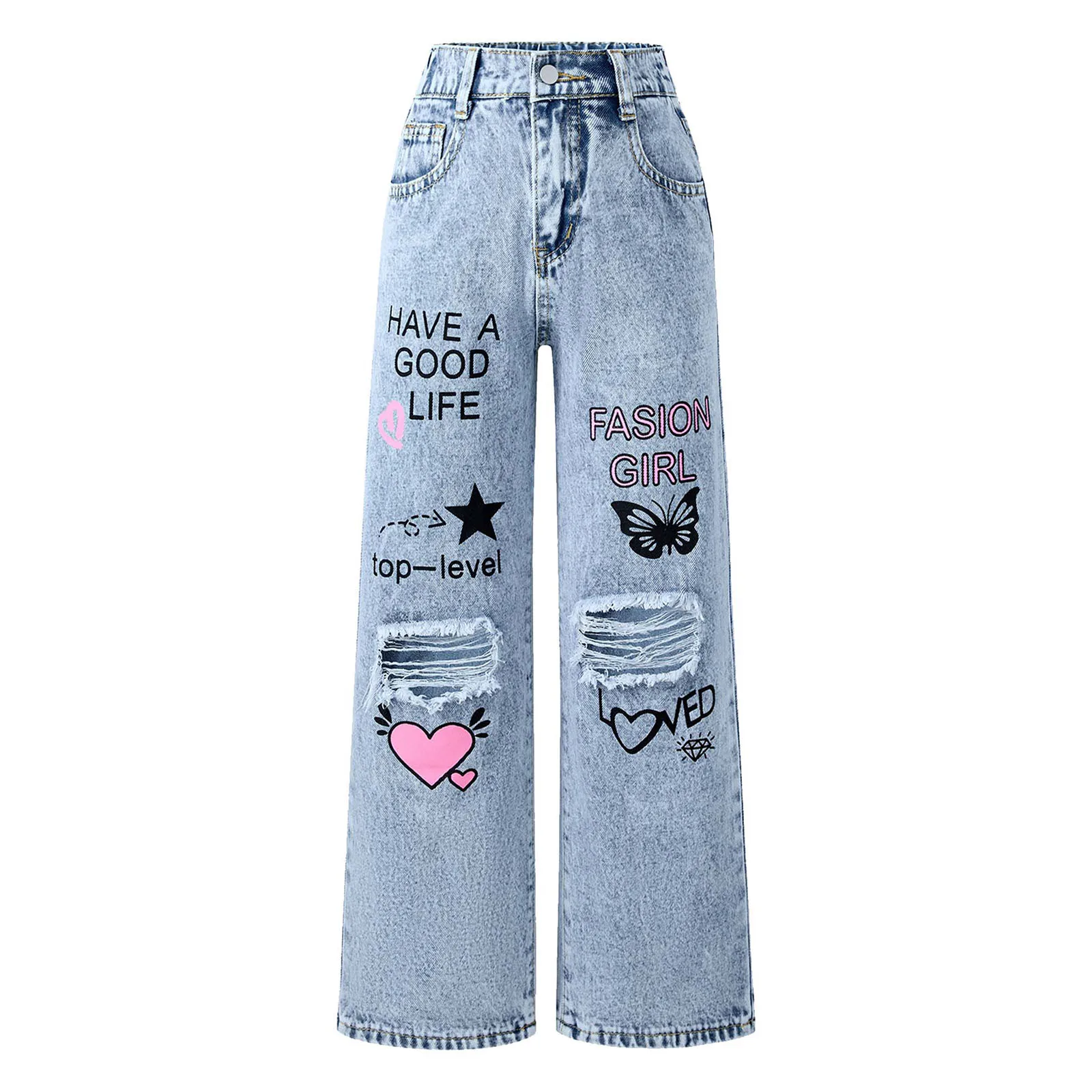 

Kids Girls Jeans Pants Children Casual Back Elastic Waistband Fashion Letter Print Ripped Wide-Leg Denim Pants with Pockets