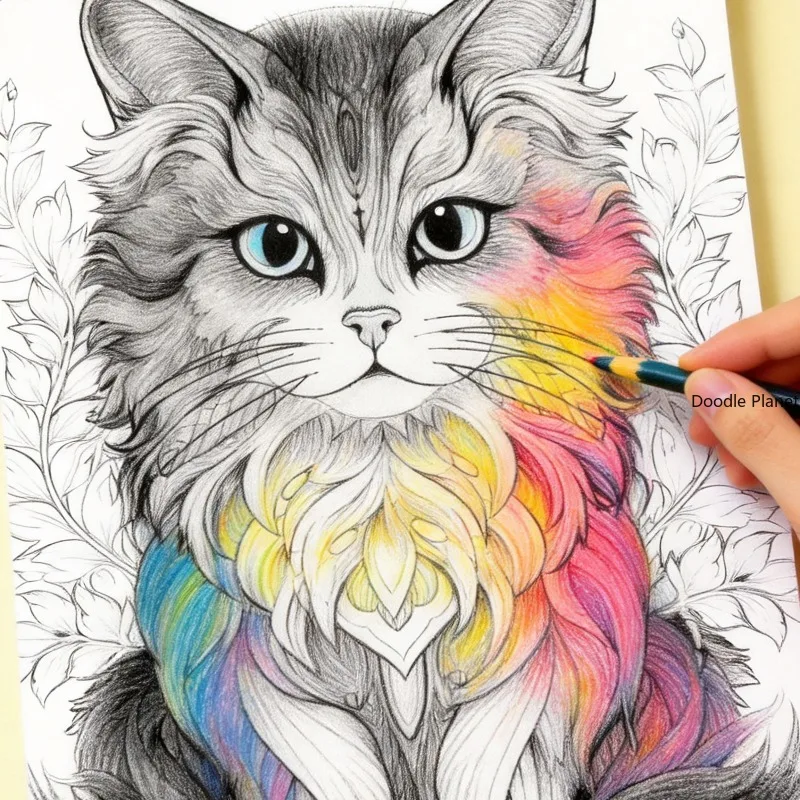 Livre de Graffiti à thème chat dessiné à la main pour la méditation et le soulagement du stress chez l'adulte, 32 pages, livre de dessin grand format en papier épais