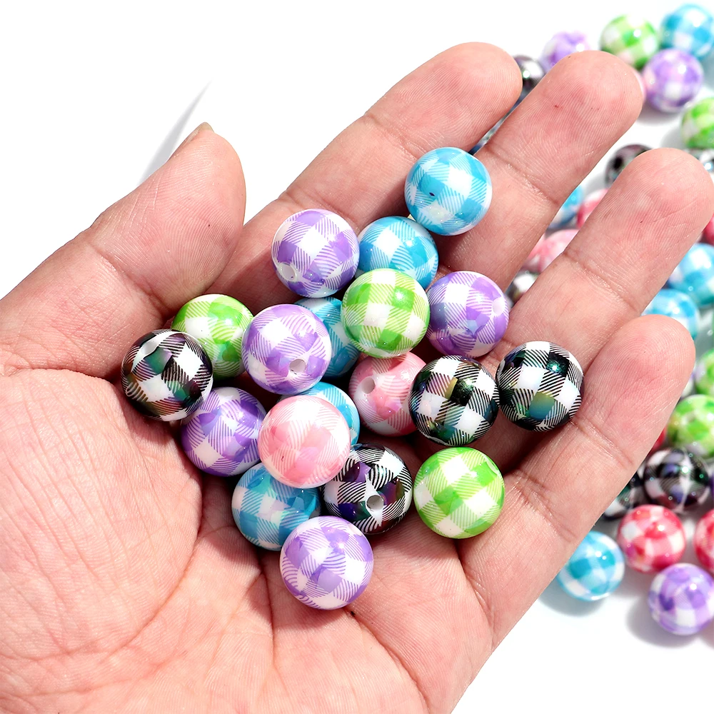10 teile/los Schillernden 15 MM Plaid Muster Runde Acryl Lose Spacer Perlen für DIY Schmuck Armband Halskette Schlüsselbund Zubehör