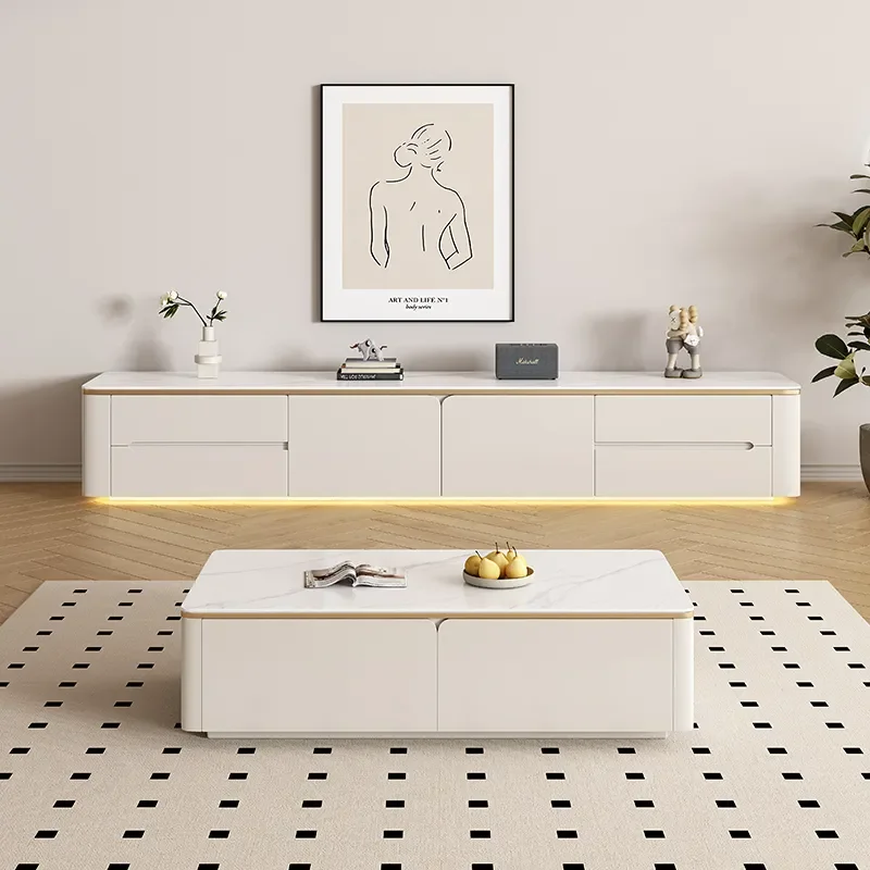 Modern Solid Wood Rock Panel TV Cabinet and Coffee Table Combo Light Luxury Floor Storage Unit for Small Apartment Living