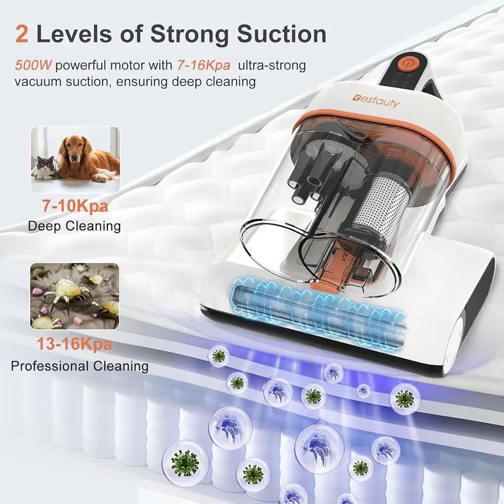 500W Mattress Vacuum Cleaner UV Light 7-16Kpa Strong Suction 6 Stage Filtration System Hot Air Drying Lightweight Cleaner