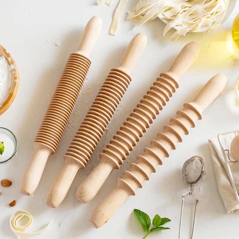 Wooden Rolling Pin Bread Pastry Dough Cutter Rolling Roller 2-in-1 Rolling Pin Screw Thread Design Kitchen Cooking Baking Tools