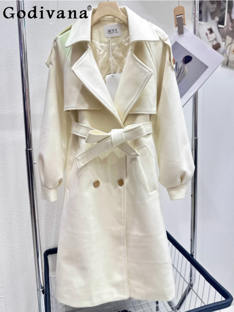 

Winter Korean Temperament Women Double-breasted Long Thickened Woolen Coats Fashion Versatile Elegant Solid Color Vintage Coats