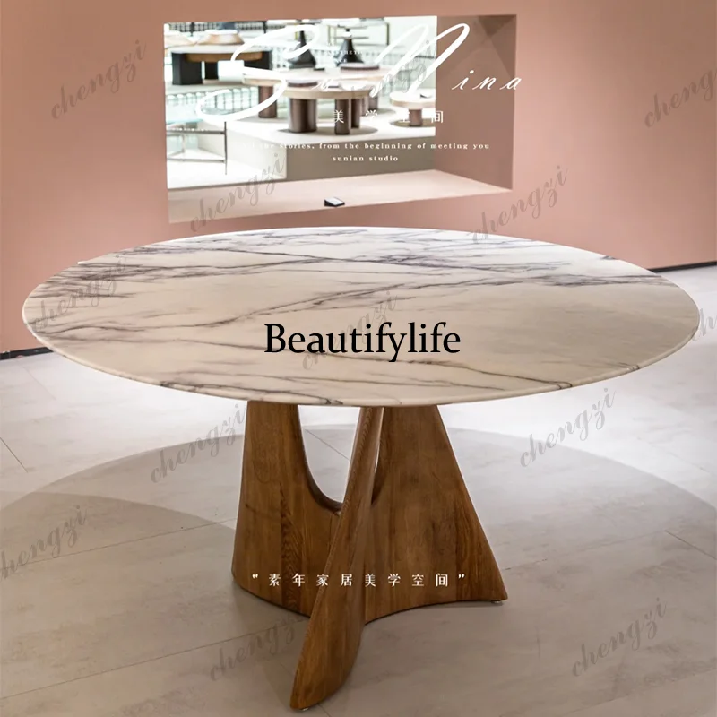 Natural fragrant snow plum luxury stone round table medium antique walnut marble round dining table solid wood