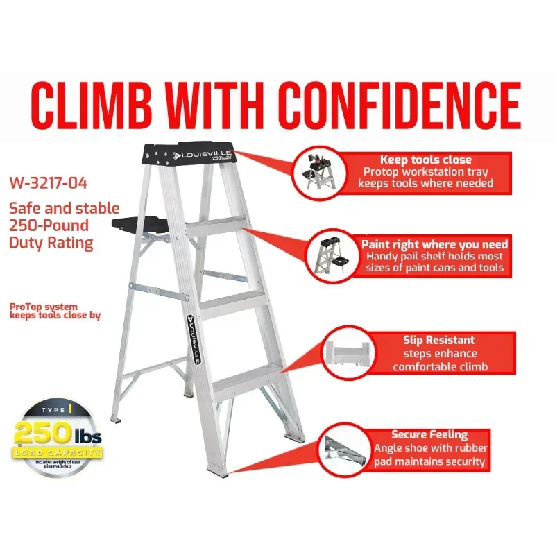 4 'Aluminium Trapladder, 250-lb Capaciteit, W-2112-04S Ladder Voor Thuis