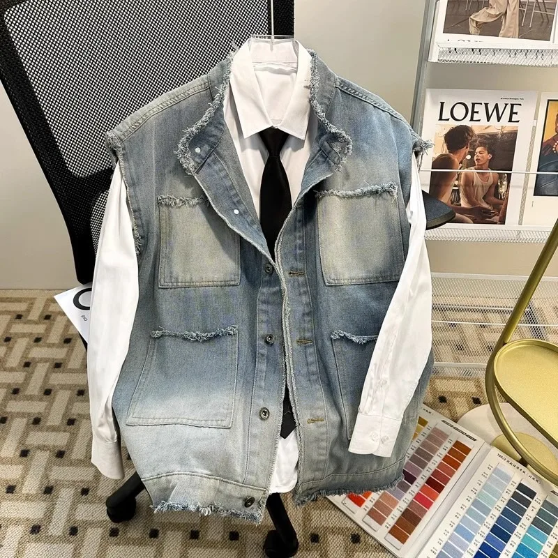 

Summer Men Denim Vest Stand Up Collar Single Breasted Multi Pocket Sleeveless Cowboy Jacket American Fashion Loose Washed Coat