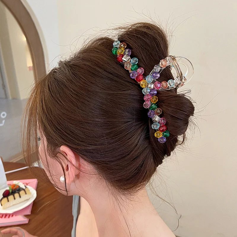 Colorful Crystal Handmade Beaded Hair Claw Clips 2023 Korean Large Charm Colorful Pearl Hairpin Hair Accessories for Women