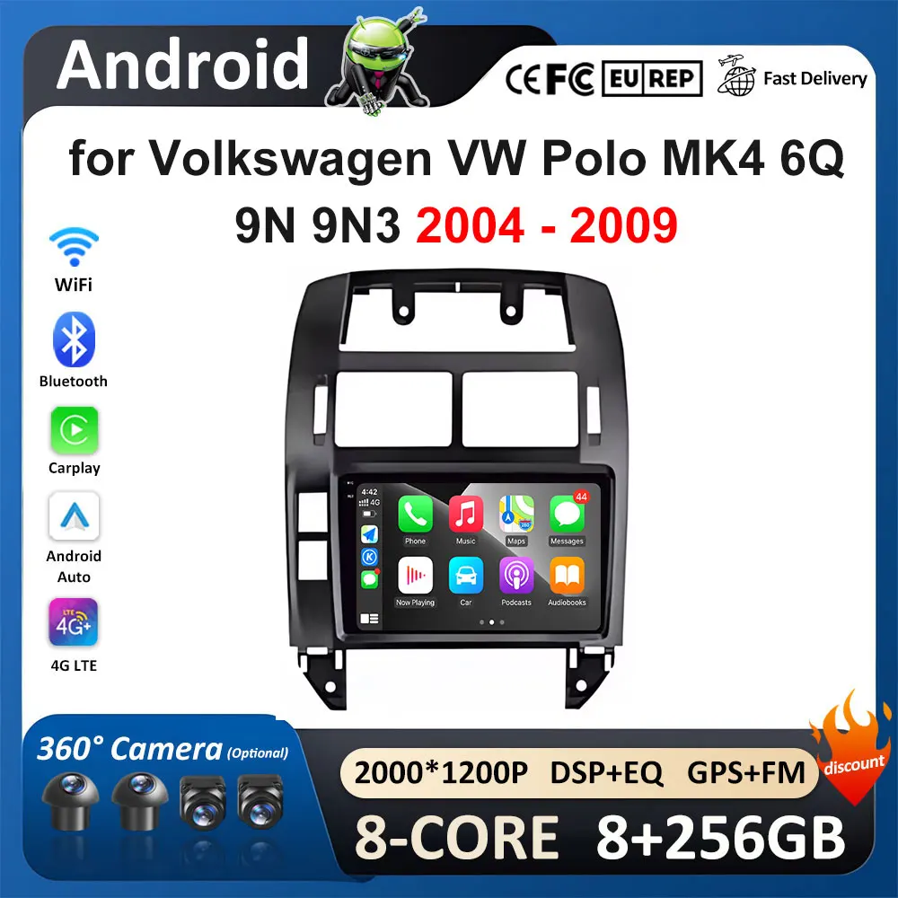 Android Auto Car Multimedia Player For Volkswagen VW Polo MK4 6Q 9N 9N3 2004 - 2009 IPS Screen Wireless Carplay WiFi 4G BT