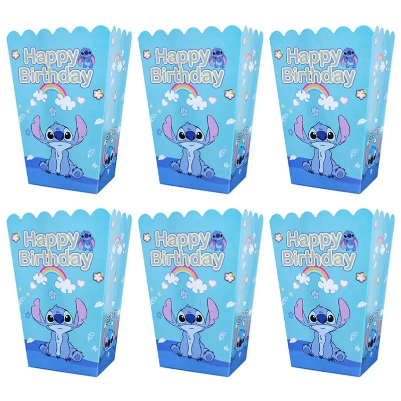 6 sztuk/partia Disney Lilo ścieg Popcorn Box Happy Birthday Party dekoracje pudełka na przekąski chłopiec dziewczynka preferuje ścieg Baby Shower artykuły