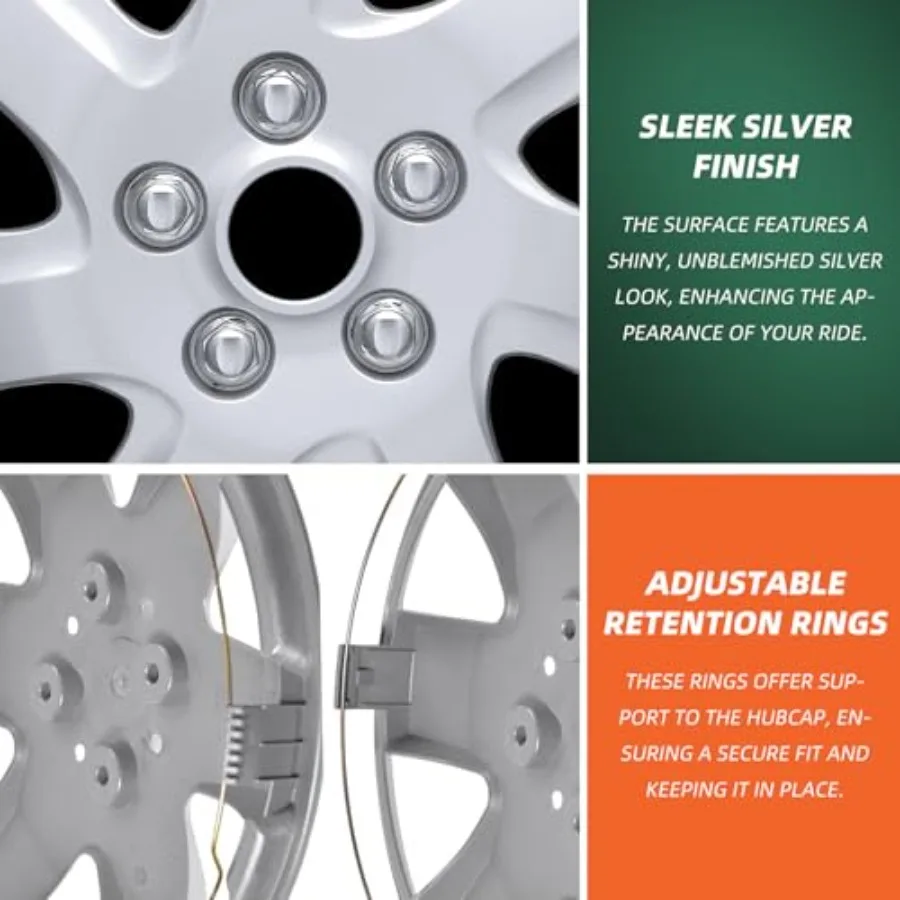 16インチ ホイールハブキャップ シルバー 7スポークデザイン スチールホイール用 ユニバーサルフィット 4個セット