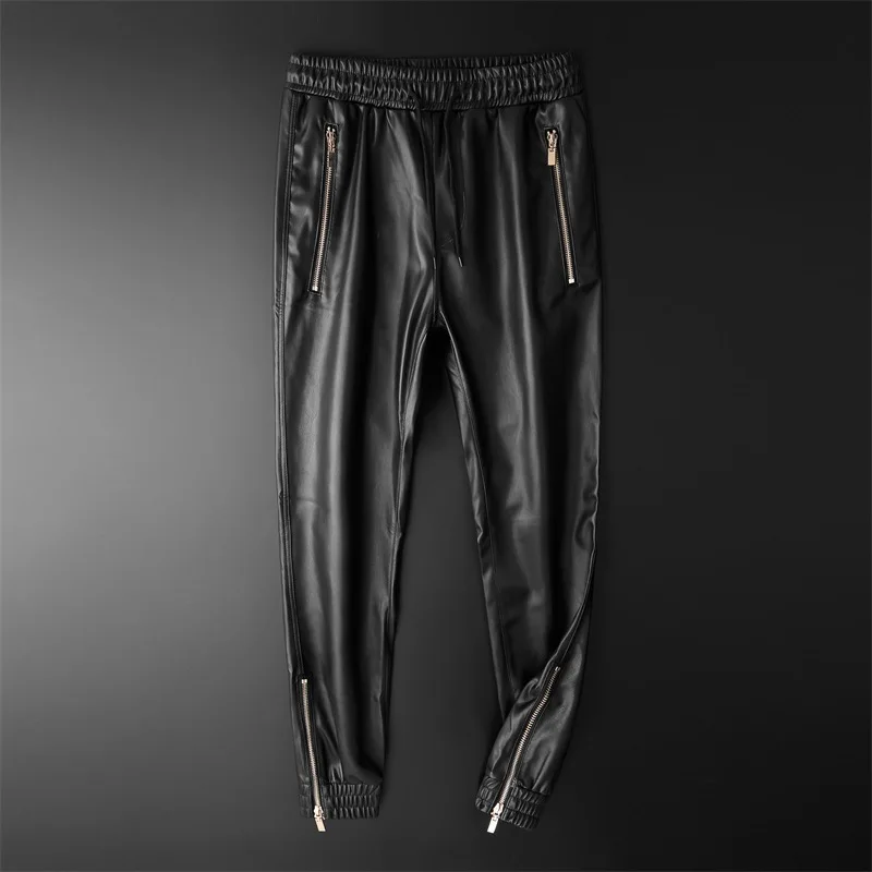 Thoshine Brand Men Leather Pants Superior Quality Elastic Waist Jogger Pants PU Leather Motorcycle Trousers Harem Pants Pockets