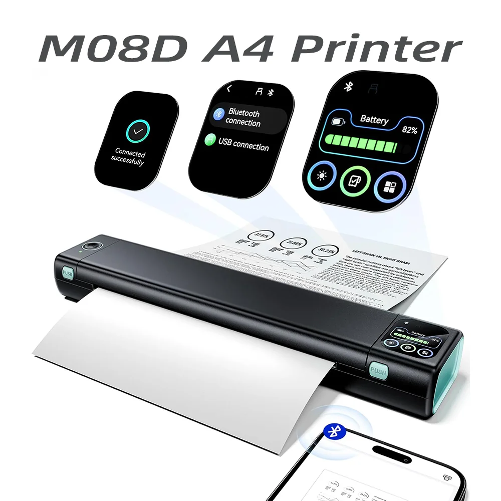 Phomemo Portable Printer with Touchscreen Upgraded M08D Bluetooth Wireless Thermal Inkless Printer Compatible for iOS Android PC