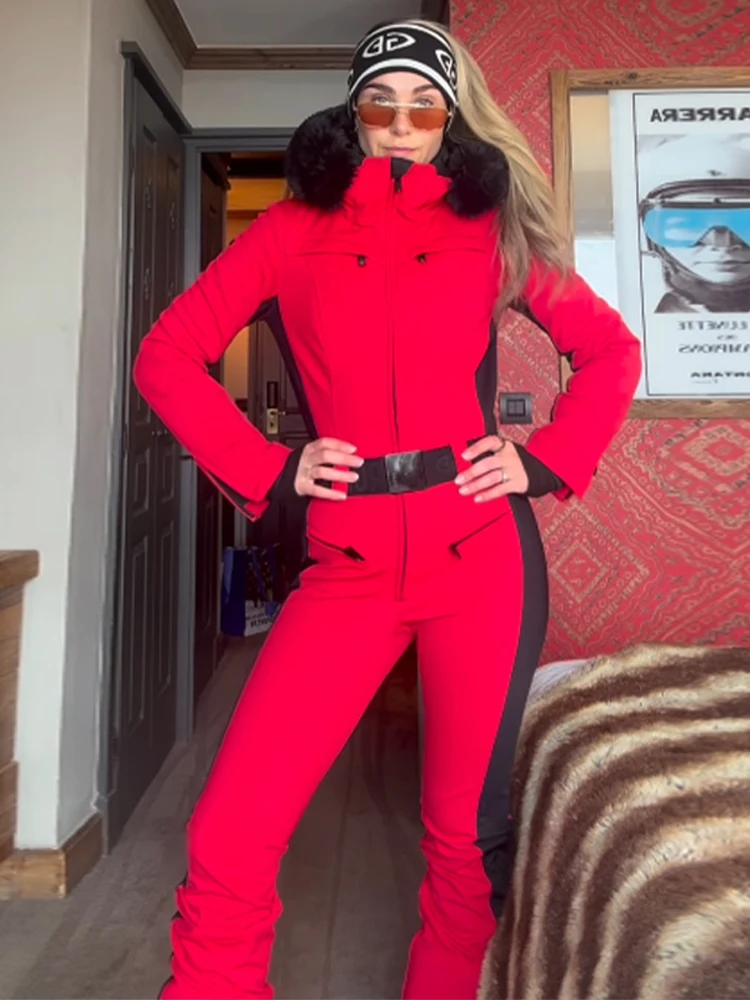 Fur-Trimmed Hooded Belted Ski Suit Slim Contrast Water-Resistant Long Sleeve 2026 Winter Fashion Women Fashion Snow Bodysuit New