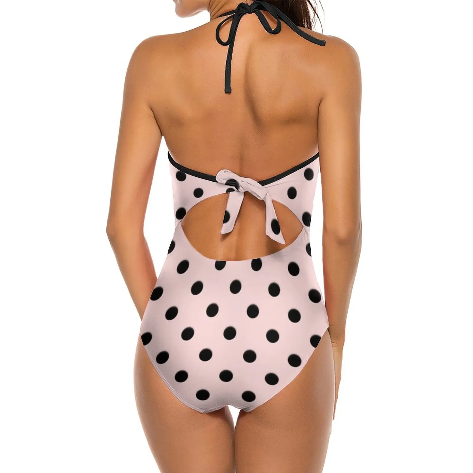 Merah Muda Hitam Polkadot Seksi Hitam Mesh Satu Potong Baju Renang Backless Potong Pakaian Renang Wanita Berenang Baju Renang Hitam Polkadot