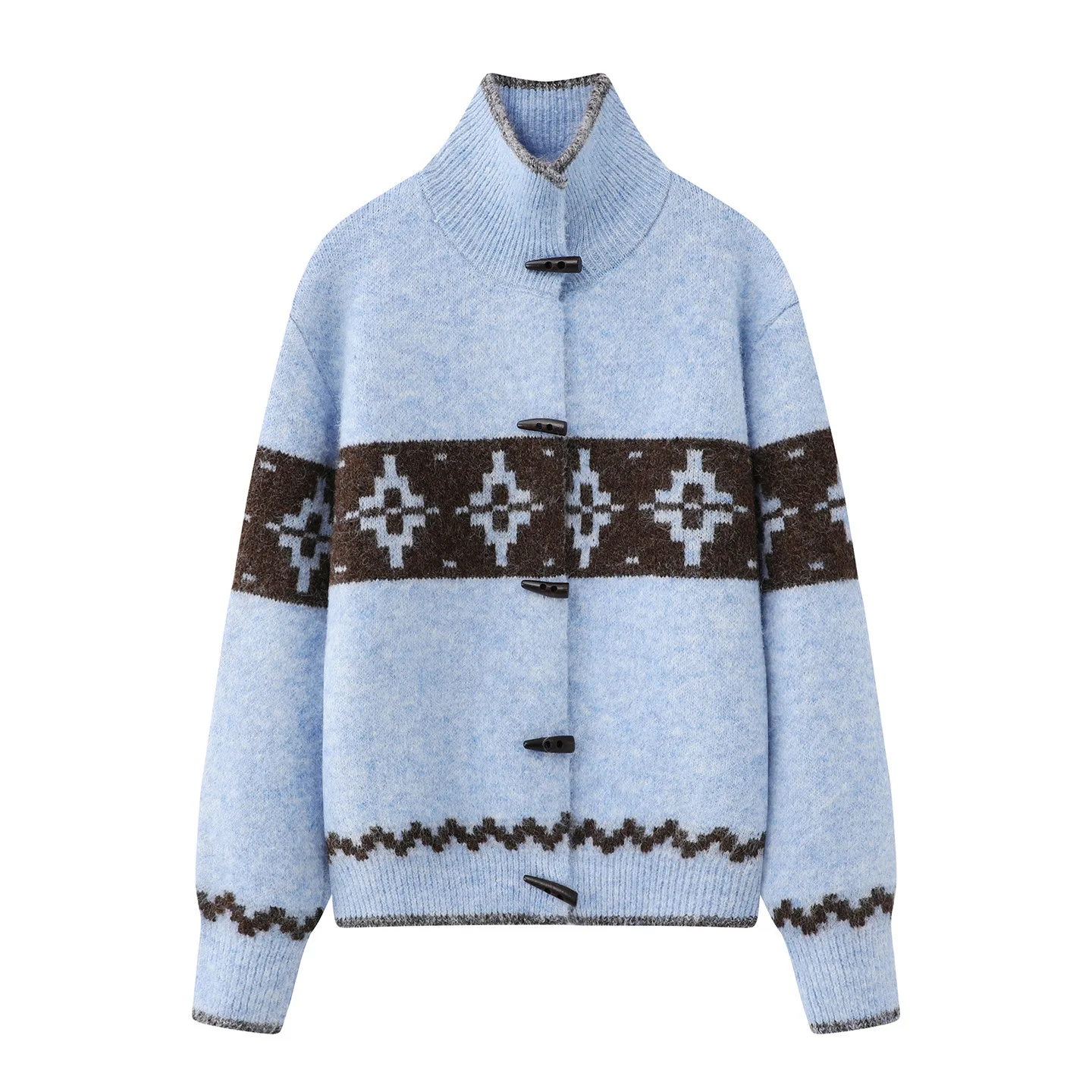 Giacca invernale in maglione jacquard a collo alto da donna con fibbia in corno Fair Island 2511-15a