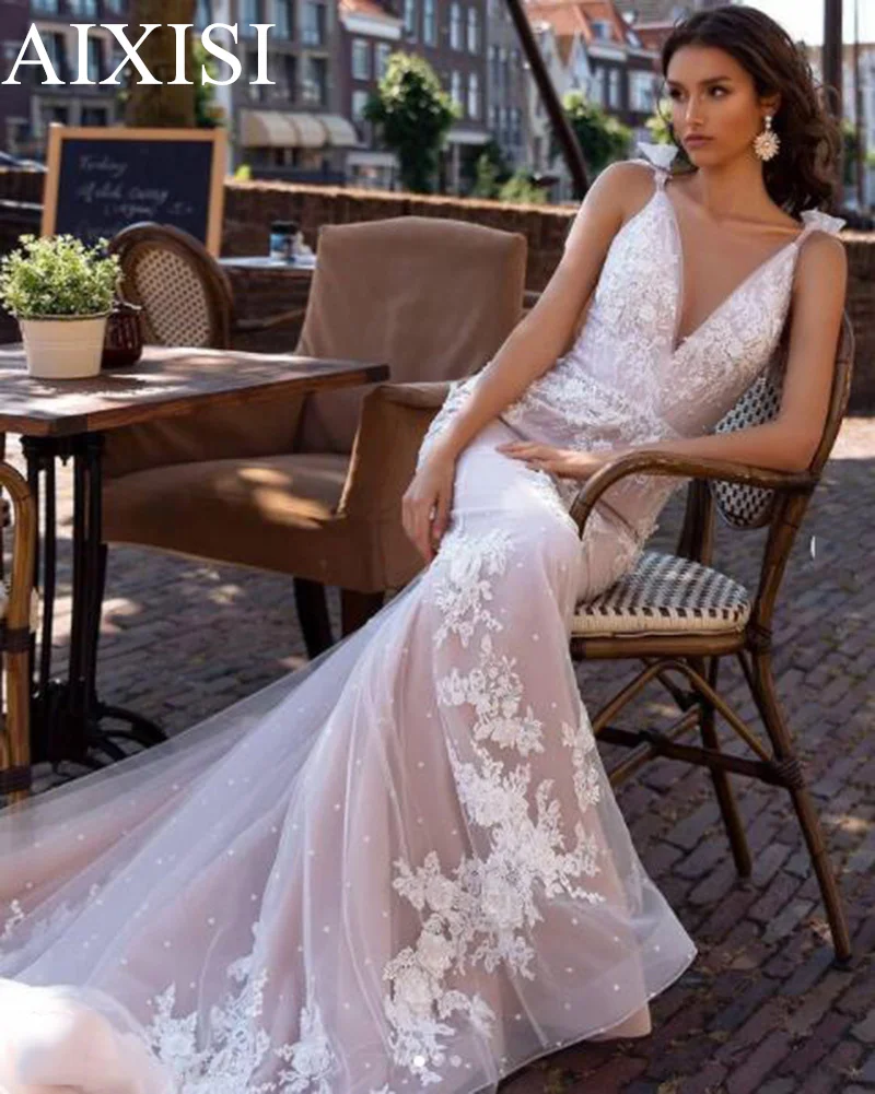 

Exquisite Wedding Dresses Dotted Bow Appliques Pleat Mermaid Vestidos De Novia Backless Sleeveless Luxury Robe de mariee