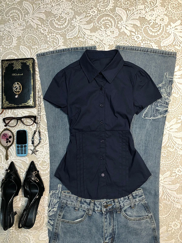 Originele diepblauwe V-ne ort Sve irt dames zomer vintage vintage Sle katoenmix recht gesneden woon-werkverkeer Sle irt