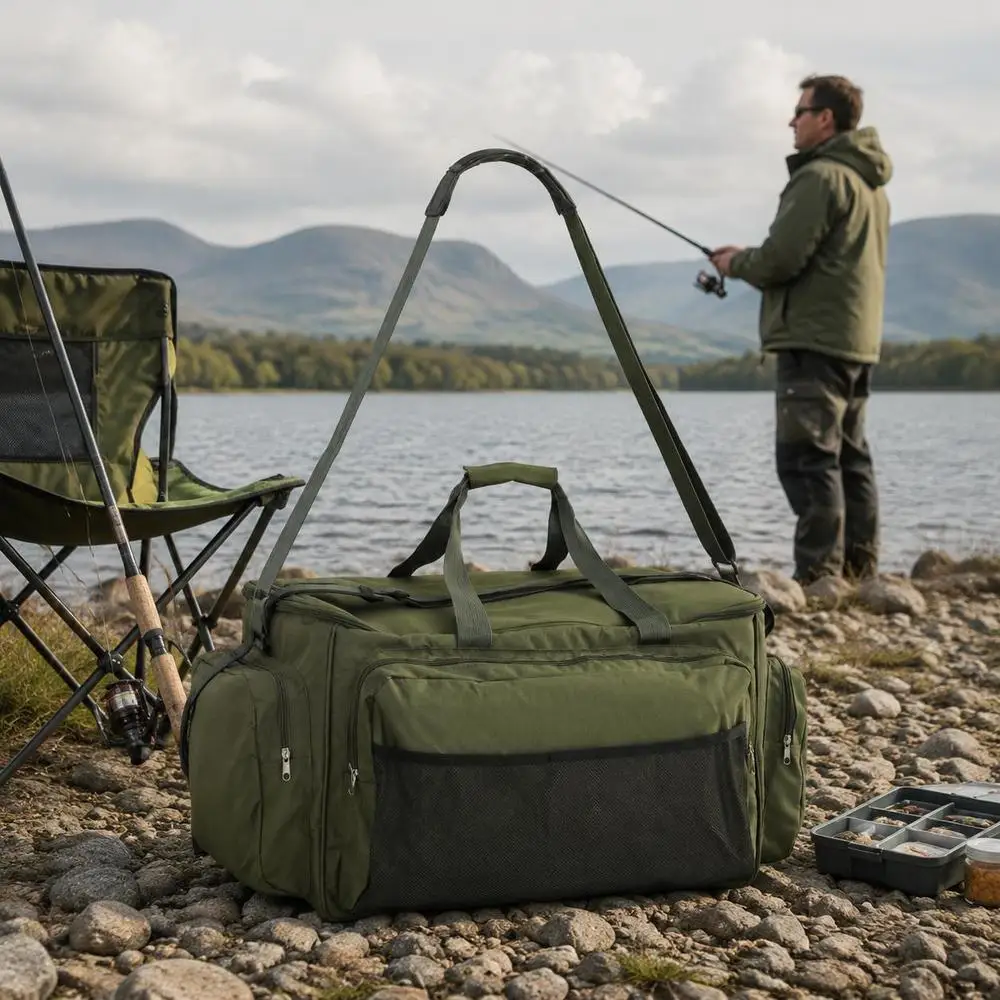 Image of Angeltasche, 600D Oxford-Gewebe mit Regenschutz, Mehrfach-Aufbewahrung für Zubehör, vielseitig einsetzbar für Angeln, Wandern, Reisen, dunkelgrün