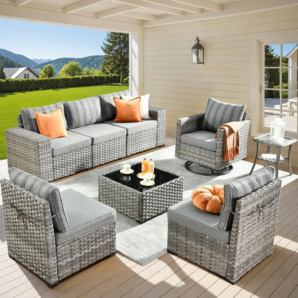 8 Pieces Patio Furniture Set, Sofa with Swivel Rocking Chairs, Wide Arms and Deep Seat, Wicker Rattan Outdoor Sectional Sofa