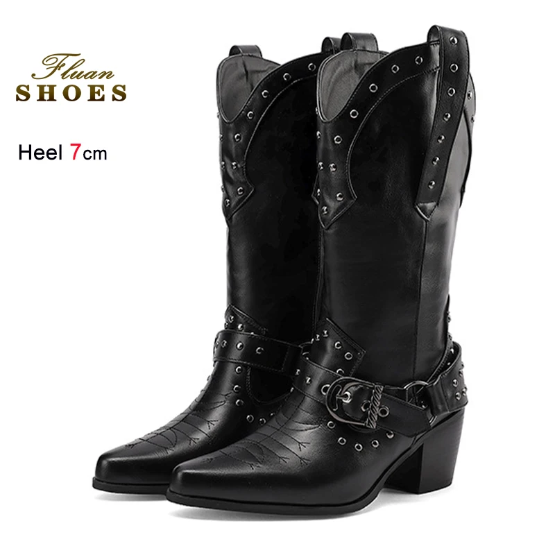 

New Spring Autumn Black Women's Mid-Calf Boots Thick Heels 7cm Pointed Toe Ladies Pumps Belt Buckle Rivets Knight Boots Shoes CD