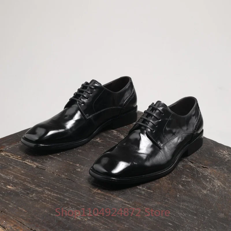 Designer Luxury Business Casual Leather Shoes Men Dress Genuine Leather Breathable Lace Up Square Toe Derby Shoes Male Commuting