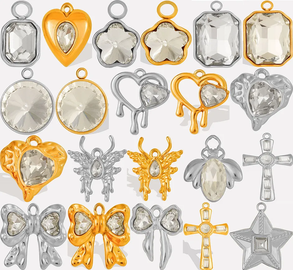 7Pcs/Lot Stainless Steel Crystal Y2K Harajuku Bowknot Butterfly Pendant  Punk Irregular Lava Heart Cross Colgantes Jewelry Bulk